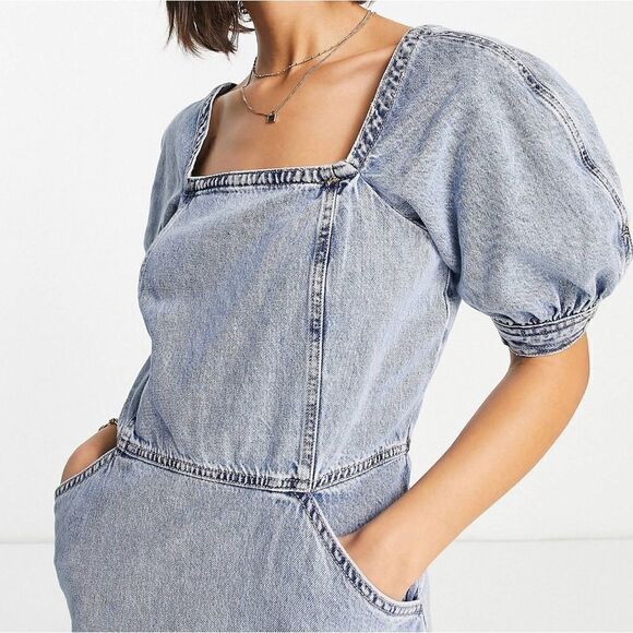 Mango Denim Dress Puff Sleeves New - Picture 4 of 8